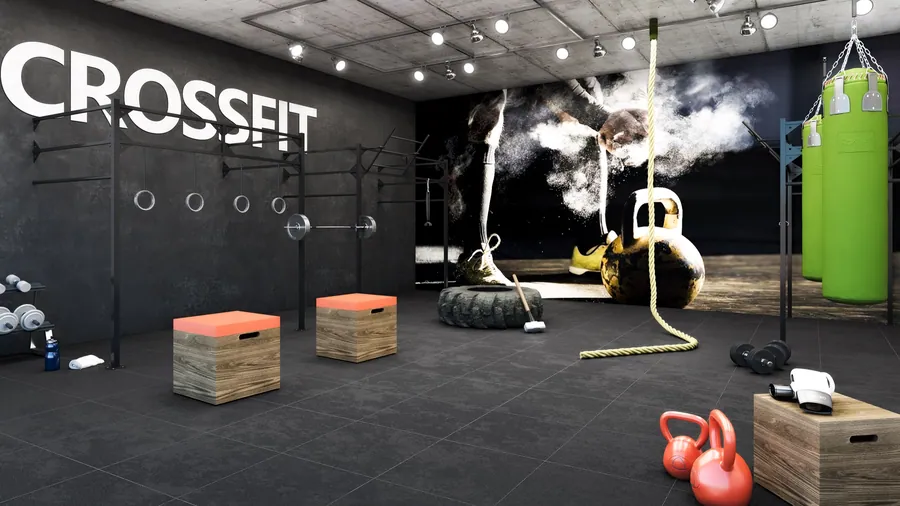 Espaço de CrossFit com equipamentos funcionais