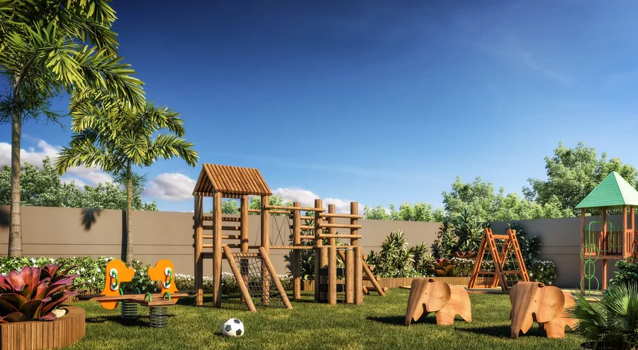 Playground externo com brinquedos de madeira