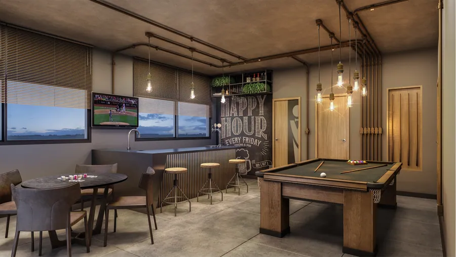 Sport bar com mesa de sinuca e telões