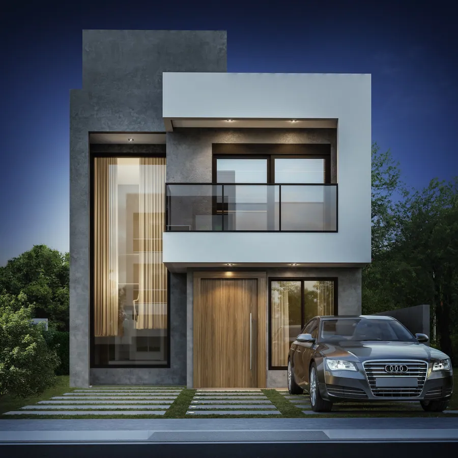 Fachada da casa duplex de 115m² com garagem para dois carros