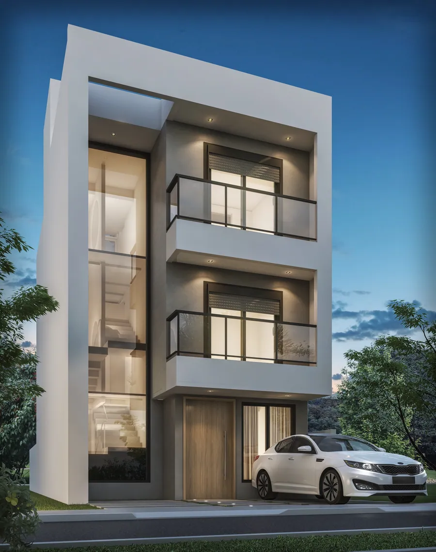 Fachada da casa triplex de 167m² com três pavimentos
