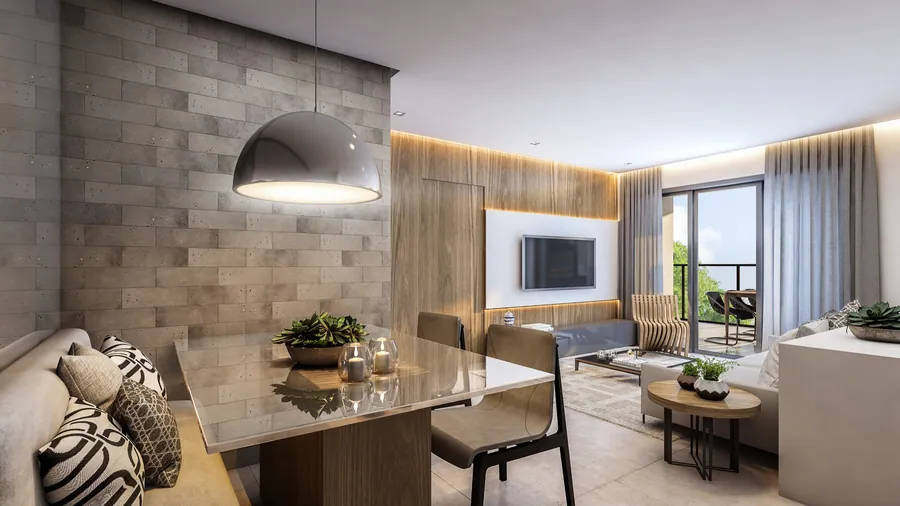 Living do apartamento de 106m² com integração à varanda