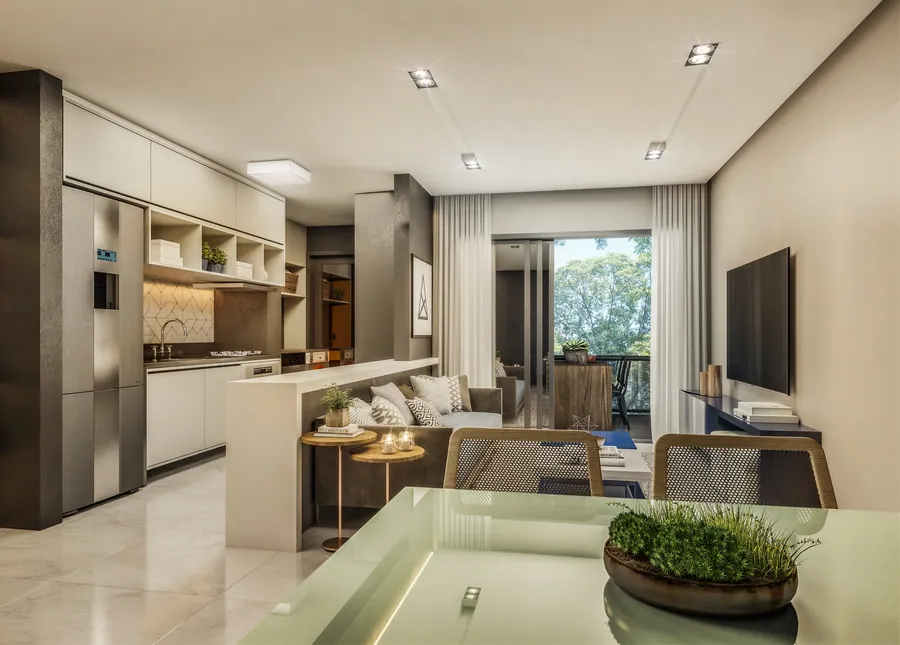 Living do apartamento de 106m², opção de decoração B