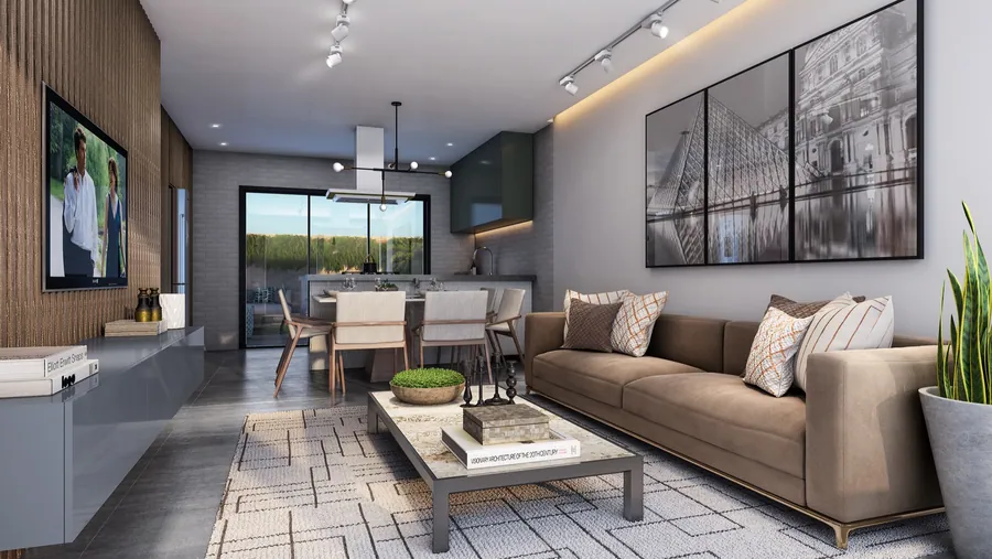 Living da casa triplex de 167m²