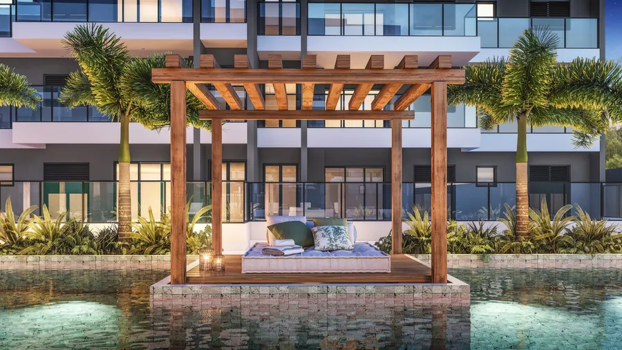 Piscina zen com pergolado e paisagismo