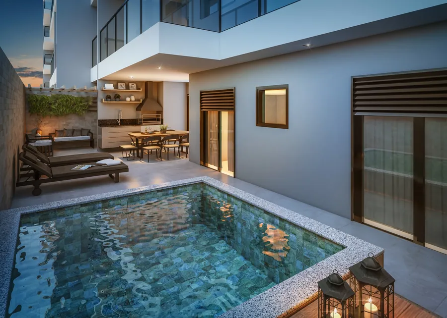 Quintal privativo do apartamento garden com piscina e área gourmet