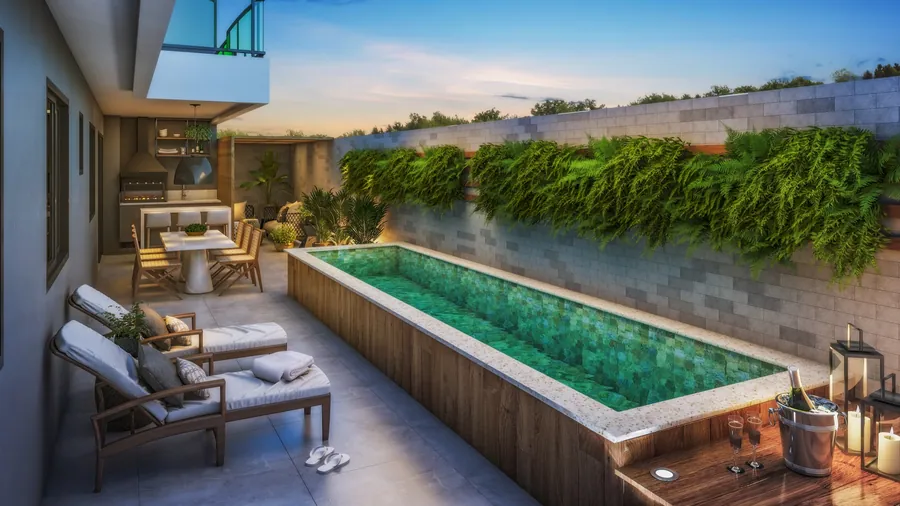 Área externa privativa do apartamento garden com piscina alongada