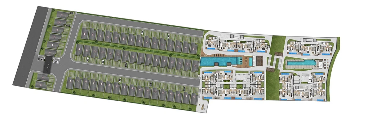 Implantação do condomínio Maderá Granja Viana, com a distribuição das torres, casas e áreas de lazer